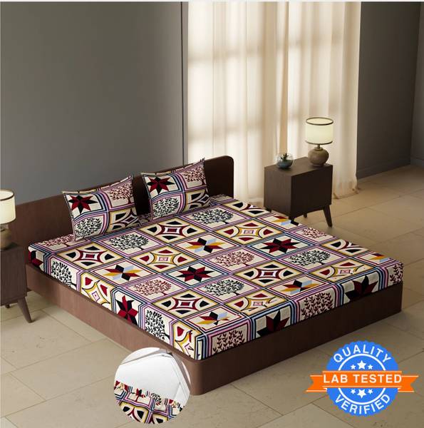 CARLTON LONDON 144 TC Polyester Double Jaipuri Prints Fitted (Elastic) Bedsheet