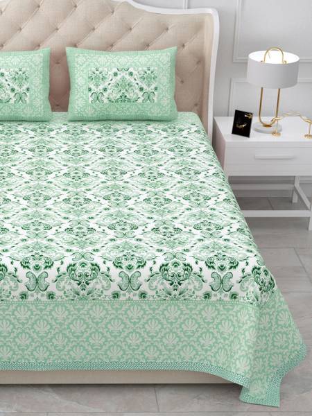 BharatLinen 104 TC Cotton Double Jaipuri Prints Flat Bedsheet