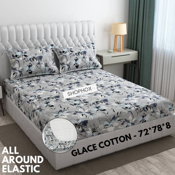 SHOPHOX 210 TC Cotton Double, King Printed Fitted (Elastic) Bedsheet