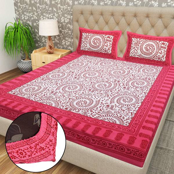Flipkart SmartBuy 104 TC Cotton Double Jaipuri Prints Fitted (Elastic) Bedsheet