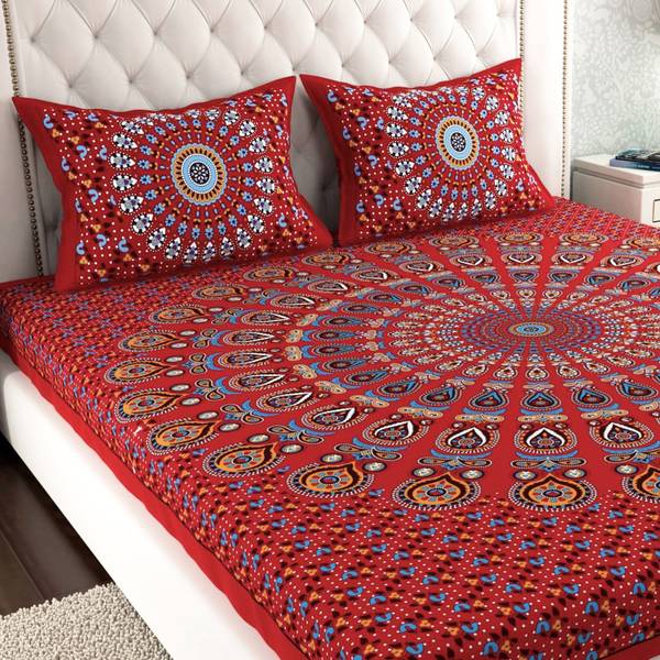 Leo Creation 144 TC Cotton Double Jaipuri Prints Flat Bedsheet