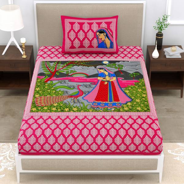 Mandakini 140 TC Cotton Single Jaipuri Prints Flat Bedsheet