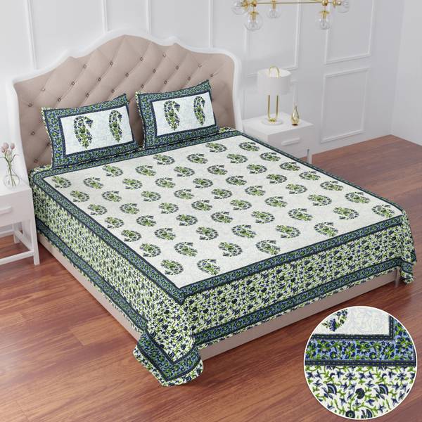 BharatLinen 260 TC Cotton King Jaipuri Prints Flat Bedsheet