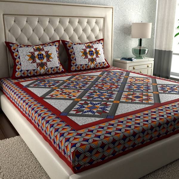 VNV Creation 160 TC Cotton Double Jaipuri Prints Flat Bedsheet