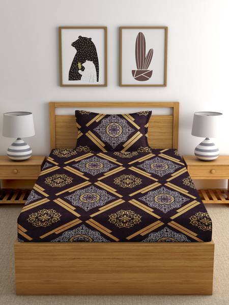 VKOM 200 TC Cotton Single Printed Fitted (Elastic) Bedsheet