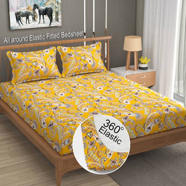 LA VERNE 144 TC Cotton Double Jaipuri Prints Fitted (Elastic) Bedsheet