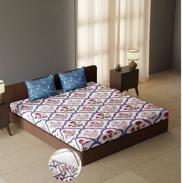 CARLTON LONDON 144 TC Cotton Queen Geometric Fitted (Elastic) Bedsheet