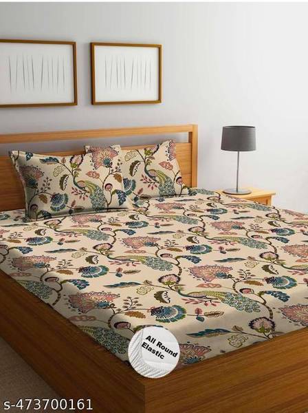 HOMETRESSA 230 TC Cotton Double Geometric Fitted (Elastic) Bedsheet