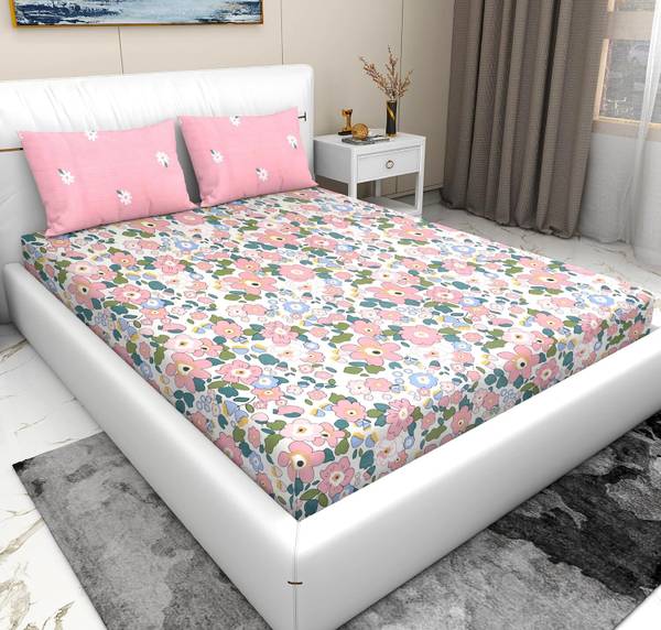 HOMETIC Cotton Double Fitted (Elastic) 240 TC Printed Bedsheet