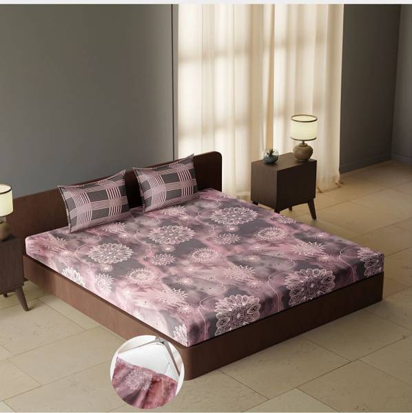 CARLTON LONDON 144 TC Cotton Queen Geometric Fitted (Elastic) Bedsheet