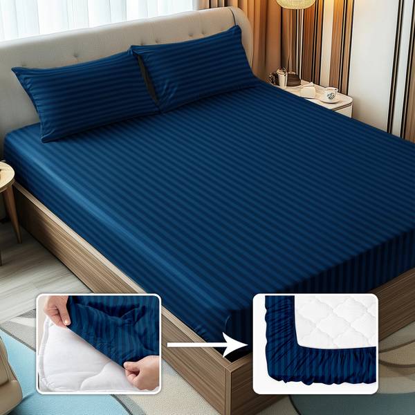 Story@home 300 TC Microfiber Queen Striped Fitted (Elastic) Bedsheet