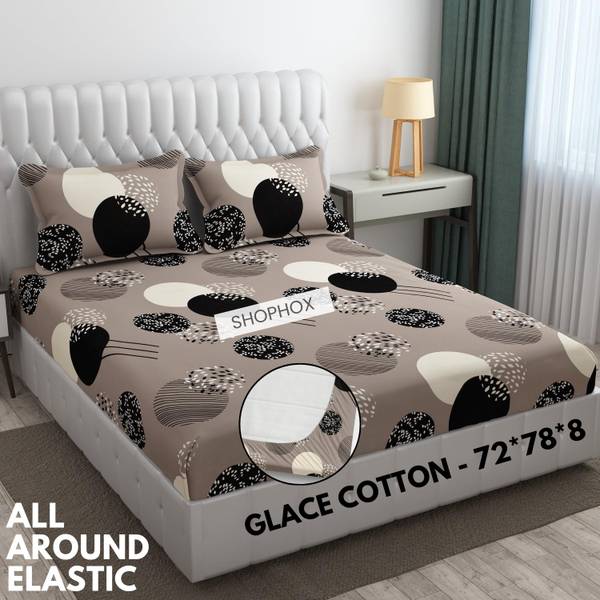 SHOPHOX 210 TC Cotton Double, King Printed Fitted (Elastic) Bedsheet