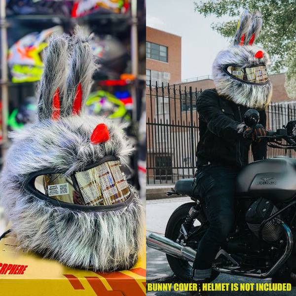 SRPHERE MOTORCYCLE FUNNY HELMET COVER- BUNNY UNIVERSAL FIT- BLACK & GREY Helmet Buckle Clip