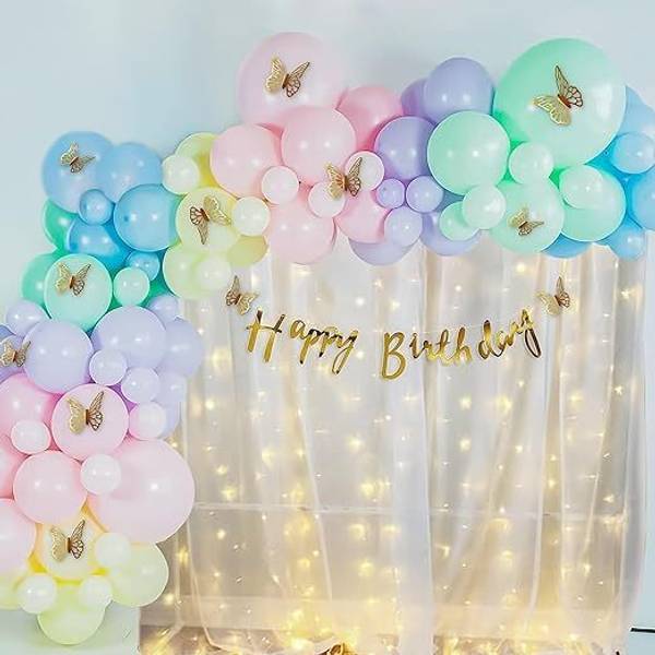 PARTY MIDLINKERZ Solid Rainbow Butterfly Theme Birthday Decorations items Combo Kit White Net Curtains Balloon