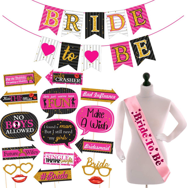 ZYOZI 18 Pcs Bachelorette Party Decorations Kit, Bridal Shower Party Supplies & Engagement Party Decor, Bride to Be Decoration Banner, Sash and Photo Booth Props