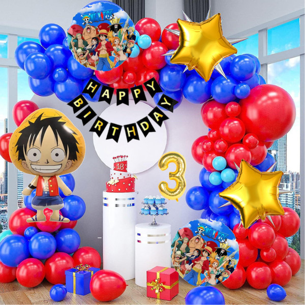 Aoes One Piece Theme 3rd Birthday Decoration Kit Luffy Foil, Red–Blue Balloon Garland