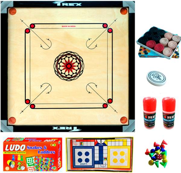 Trex Sports 32Inch Carrom,Wooden Coins,Striker,2 Disco PowderFree Ludo,Snakes&Ladder Game 81.28 cm Carrom Board