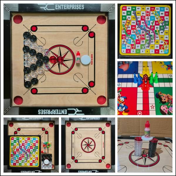 r c enterprises CARROM BOARD with Ludo & Snake n Ladder, 24Pcs. Crystal Coins, Powder, Striker 50 cm Carrom Board