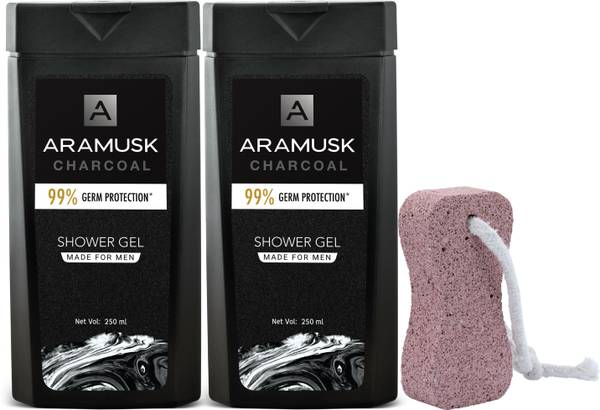 ARAMUSK Charcoal Shower Gel for Men, Face & Body Wash, With Pumice Stone