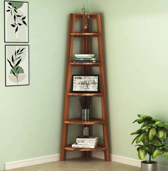 AakroCrafts Sheesham Wood Corner Shelf 5 Tier Corner Bookshelf Ladder Bookcase Display Unit Solid Wood Open Book Shelf
