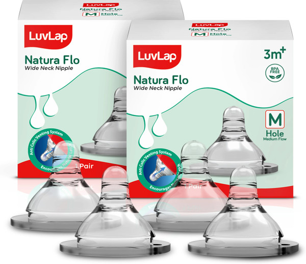 LuvLap Anti-Colic Natura Flo Teat for Wide Neck Bottle, 4pcs, 3m+ Medium Flow Nipple