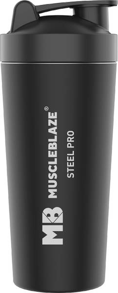 MUSCLEBLAZE Steel Shaker with Steel Whisk, Leakproof Gym Shaker Bottle, Stealth Black, 750 ml Shaker