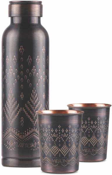 MILTON Copper Elegante Gift Set (1 Bottle 940 ml, 2 Tumbler 240 ml Each), Ethnic 1420 ml Bottle With Drinking Glass