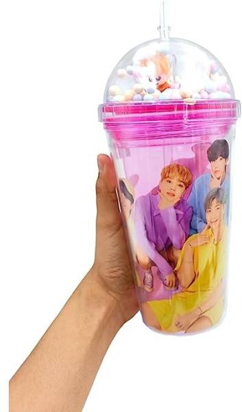 barbarik BTS Design Transparent Sipper Plastic Tumbler with Straw for Kids(Random Design) 500 ml Sipper