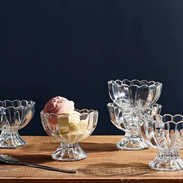 Miral Enterprises Glass Dessert Bowl Flower Shape Crystal Ice Cream Cup 140ml (Set of 6) Disposable