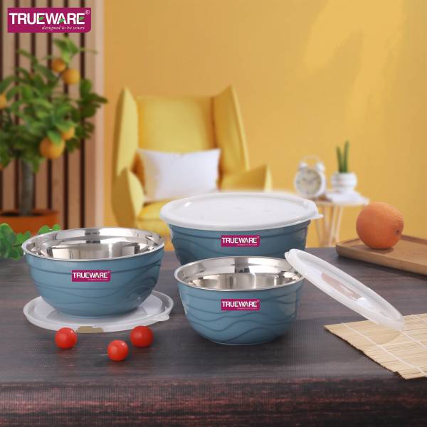 Trueware Stainless Steel, Plastic Serving Bowl 2200 ML, 1400ML & 1000 ML Oliver Microwave Safe Bowl Set