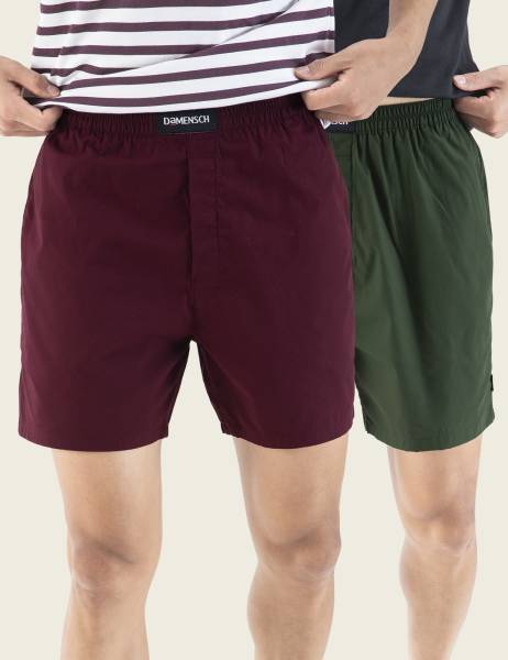 Damensch 2 Pack Checked Cotton Boxer Shorts Side Pocket Solid Men Boxer