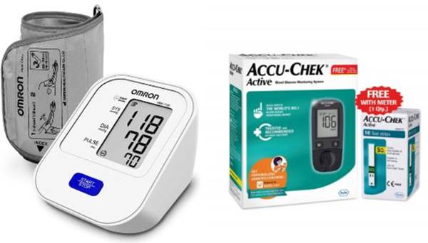 OMRON HEM-7120 Digital Blood Pressure Monitor with Intellisense Technology and ACCU-CHEK Active Glucose Monitor with 10 Strips Glucometer & Omron Bp M...