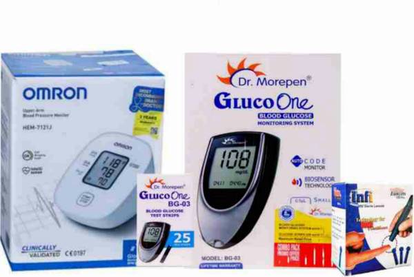 OMRON Blood Pressure Monitor Dr Morepen Glucometer and infi lancets100 , 25 Strips Bp Monitor