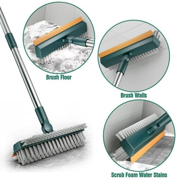WAZZL 3 in 1 Bathroom Cleaner Brush With Wiper Tiles Cleaning Brush With Long Handle 1 Plastic Wet and Dry Brush