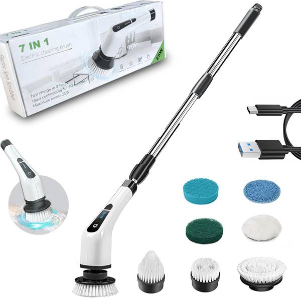 BBD Kitchen Shop Electric Spin Cleaning Brush Scrubber for Home, 400RPM/Mins Brush Heads,3 Speeds Nylon Dry Broom
