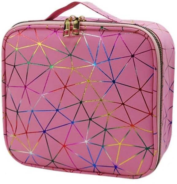 SUNAINA Makeup Organizer Pink Multi-Lines Diamond Travel Cosmetic Organizer Case/bag