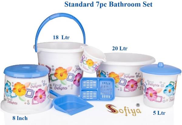 sofiya Plastic Bathroom Bucket Set, Tub, Stool, Soap Case, Mug, Dustbin and Dustpan 18 L Plastic Bucket
