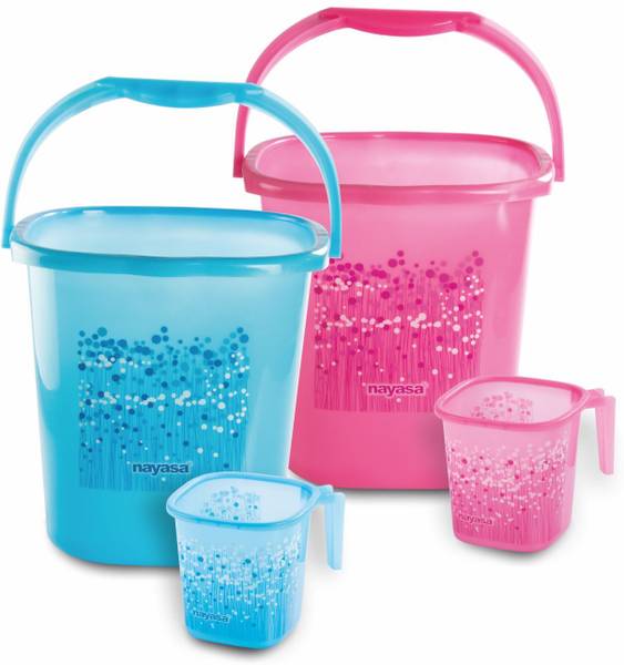 NAYASA Funk Square 4 Pcs Bath Set | Sturdy & Durable | Bkt 25 L+Mug 1.5 L | Pink & Blue 25 L Plastic Bucket