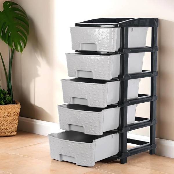 KUBER INDUSTRIES Modular 5-Layer & 60 Ltr Plastic Drawer Storage Organiser | Black & Grey Plastic Free Standing Chest of Drawers