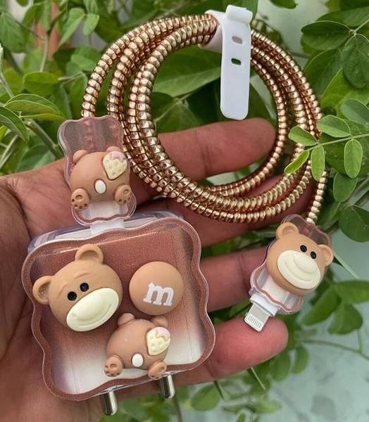 Micvir Charger Cover for iPhone 18W-20W Charger, 3D Cartoon Design Cat M Brown, Spiral Cable Protector
