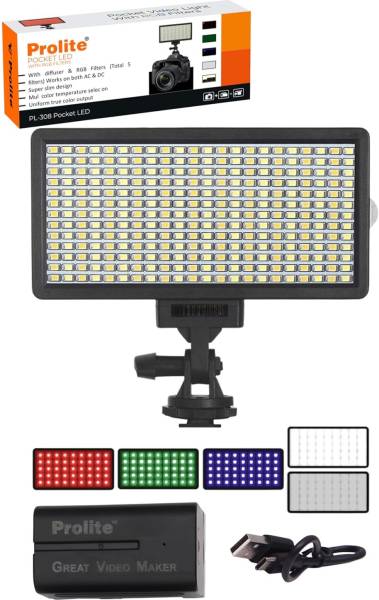 Prolite Bi-Color LED PL-308 Camera Video Light with R,G,B+2 Diffusers, Battery, Wire | 4400 lx Camera LED Light