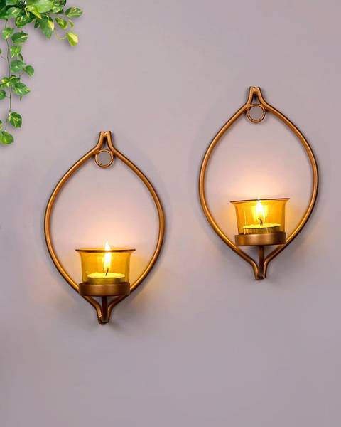 Homesake Set of 2 Decorative Golden Eye Wall Sconce/Candle Holder With Yellow Glass and Free T-light Candles Glass, Iron Tealight Holder Set