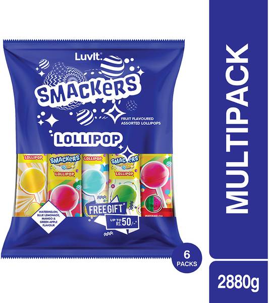 LuvIt Smackers Fruit Flavoured Lollipops | 4 exciting Flavours for Kids | Mango, Blue Lemonade, Green Apple, Watermelon Lollipop
