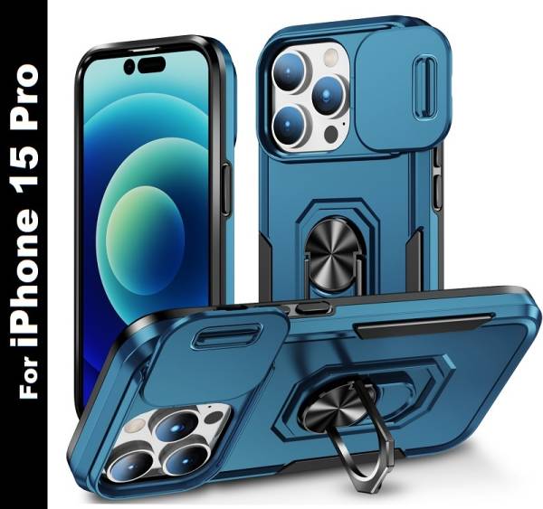 Moshking Back Cover for iPhone 15 Pro, with 360 Protection Sliding Camera Shield & Built-in Ring Stand Cover