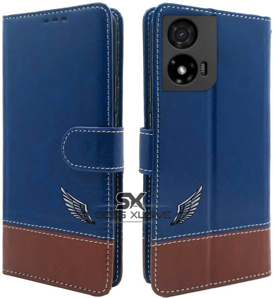 SESS XUSIVE Flip Cover for Motorola Moto G04 5G -Dual-Color Leather Finish Wallet - Blue & Brown