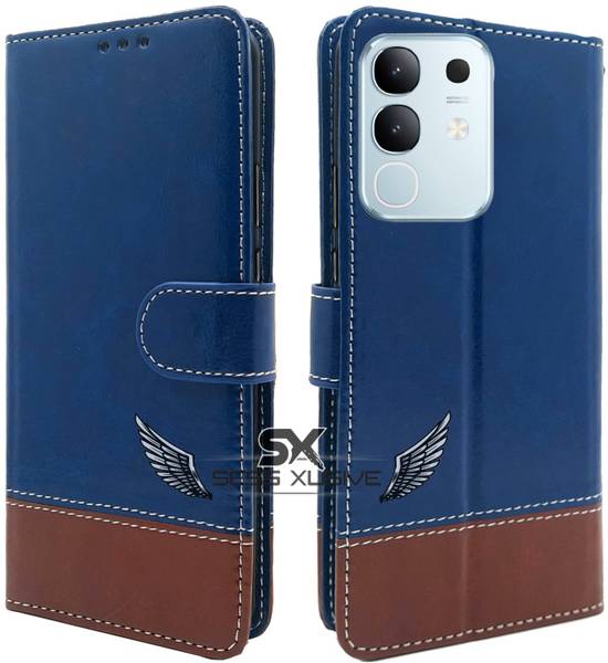 SESS XUSIVE Flip Cover for Vivo T4X 5G -Dual-Color Leather Finish Wallet - Blue & Brown