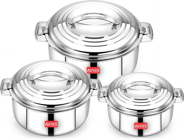 AVIAS Platina Premium Gift Set Hot Boxes for Kitchen with Steel lid |Riveted Handles | Pack of 3 Serve Casserole