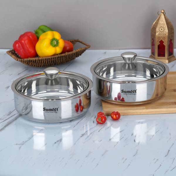 Sumeet Stainless Steel Double Wall Insulated Hot Roti Pot Casserole with Glass Lid 2pc Pack of 2 Cook and Serve Casserole Set