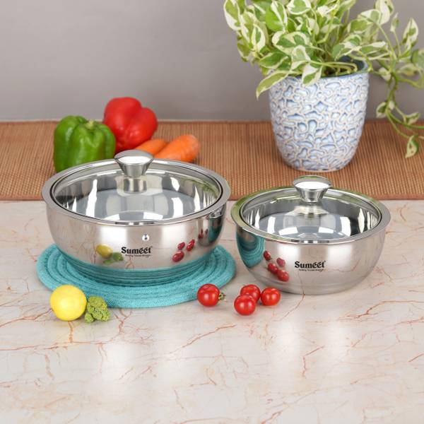 Sumeet Stainless Steel Double Wall Insulated Hot Gravy Pot Casserole with Glass Lid Pack of 2 Thermoware Casserole Set