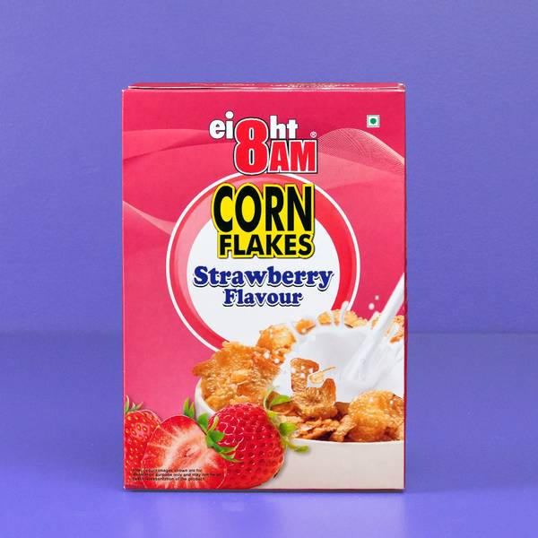8AM Corn Flakes Strawberry, Healthy, Crunchy & Tasty Snack, Breakfast Cereal Box